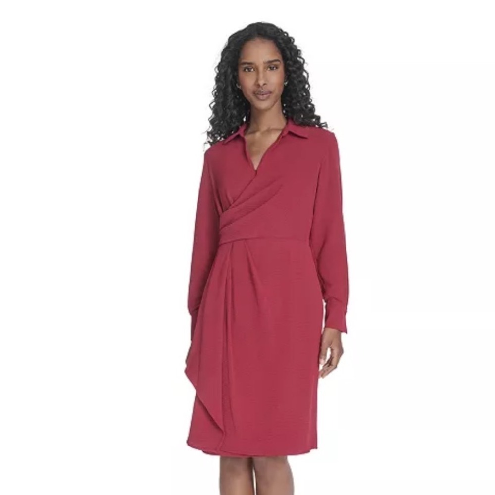 Calvin Klein Wrap Dress Women 4 New Plum Collared Long Sleeve A-Line MSRP $134
